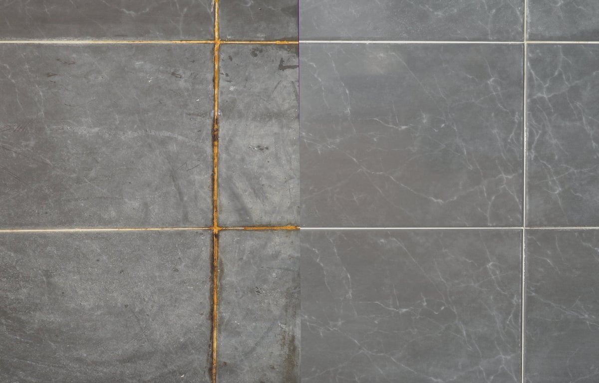 Before and after comparison of grout between tiles in a bathroom