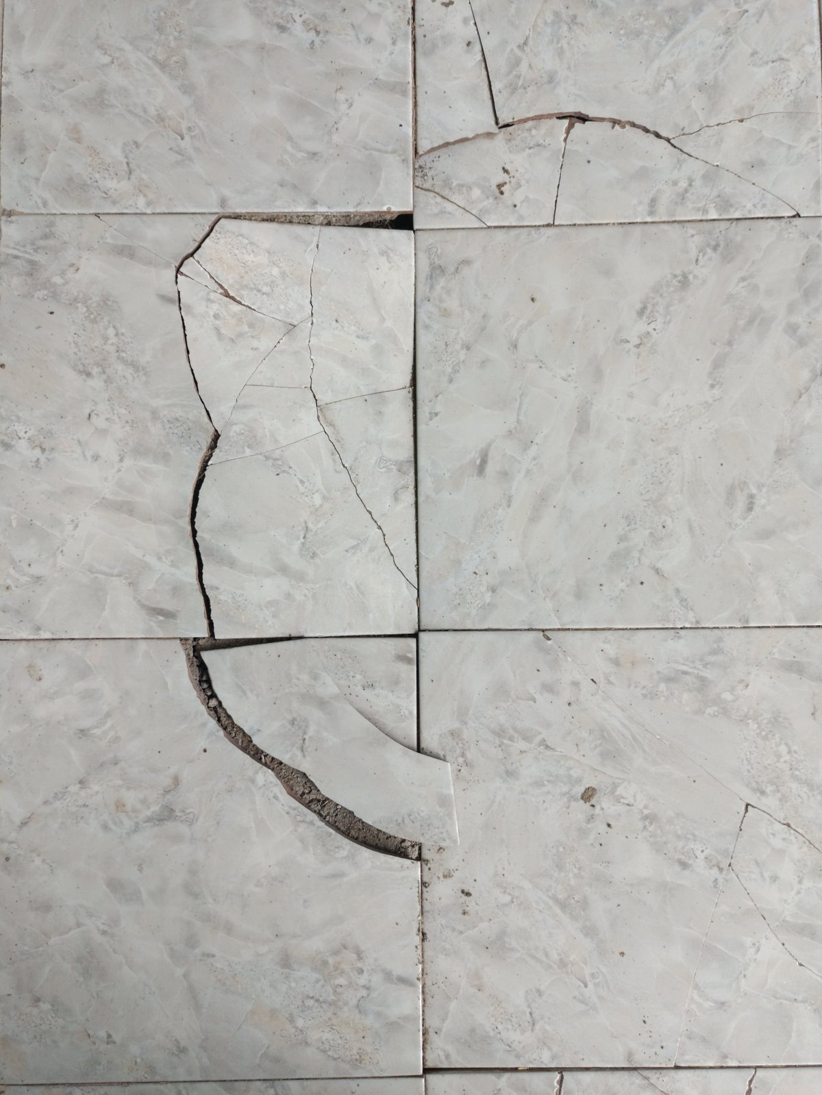 Broken ceramic floor tile with damage that needs to be repaired
