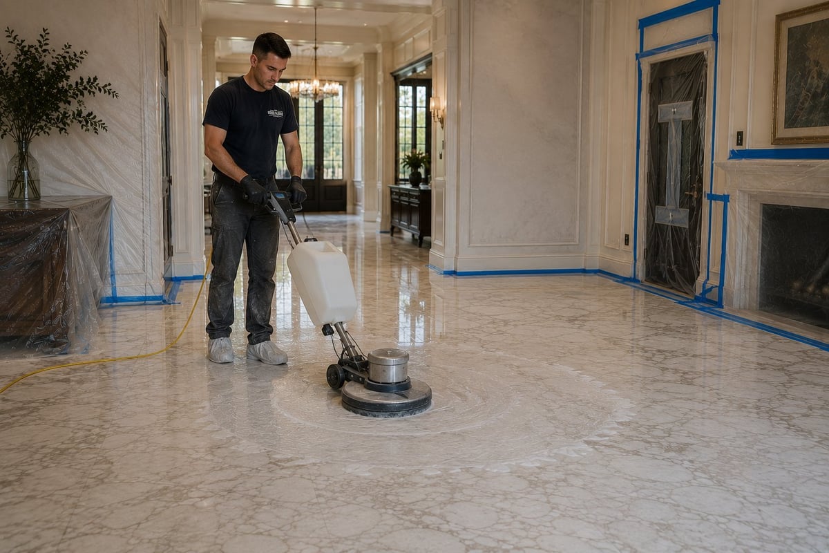 Worker operating a floor polishing machine on a marble floor in an empty hallway with blue painters tape on walls.