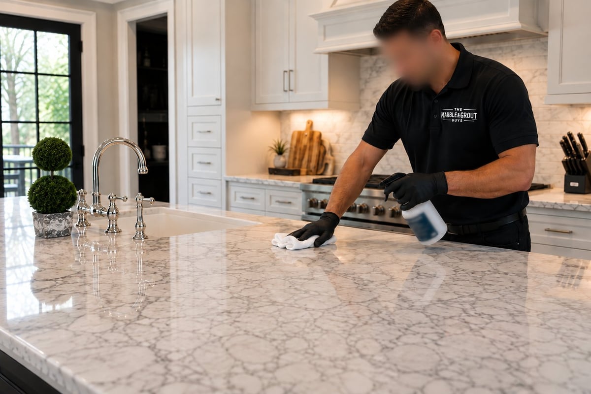 Professional cleaning marble countertop in modern kitchen with white cabinetry