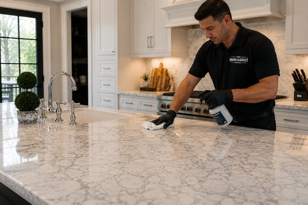 Man in black shirt sealing marble countertop in modern white kitchen with granite island