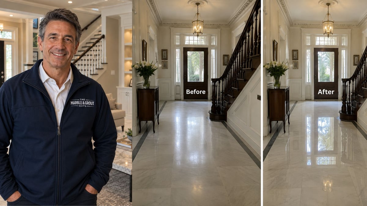 The Marble and Grout Guys team member in a navy jacket next to before and after photos of an elegant foyer with marble flooring
