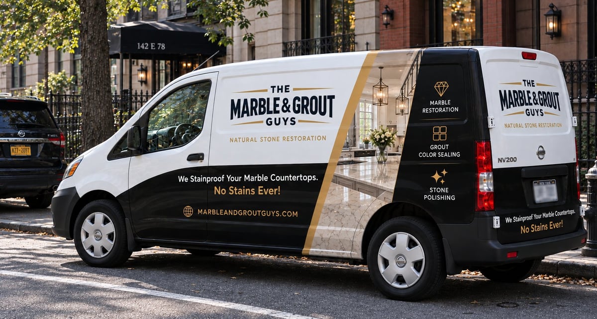 White and tan service van for The Marble & Grout Guys parked on an urban street with buildings and trees in background